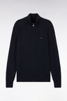 Cardigan zippé à col camionneur en laine et coton marine côtelé coupe droite