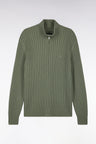 Cardigan zippé à col camionneur en laine et coton kaki côtelé coupe droite