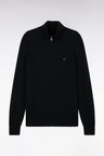 Cardigan zippé à col camionneur en laine et coton noir côtelé coupe droite
