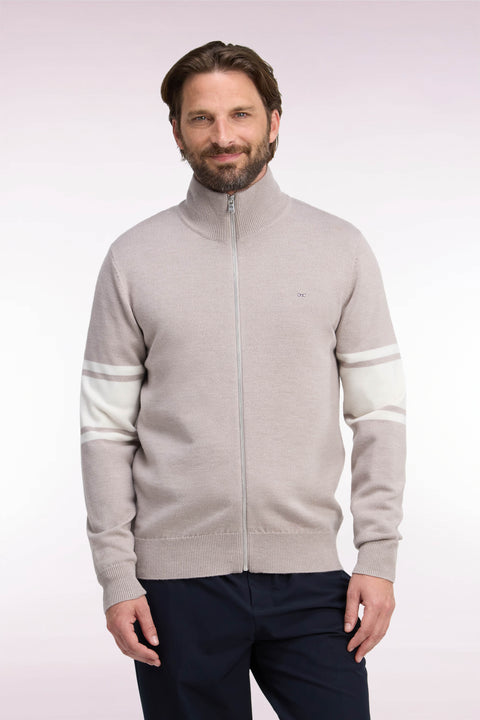 Cardigan zippé en laine mérinos beige à manches rayées coupe droite - Image 3