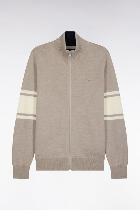 Cardigan zippé en laine mérinos beige à manches rayées coupe droite - Image 2