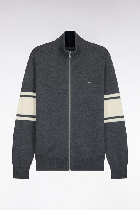Cardigan zippé en laine mérinos gris à manches rayées coupe droite - Image 2