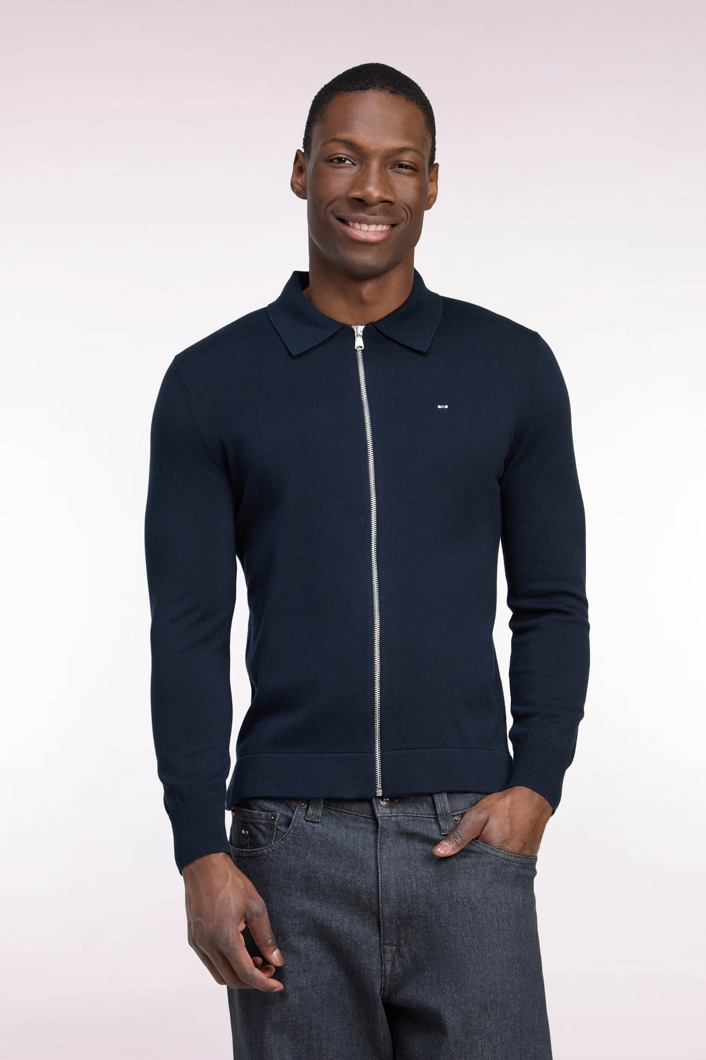 Cardigan zippé en coton et viscose marine coupe droite