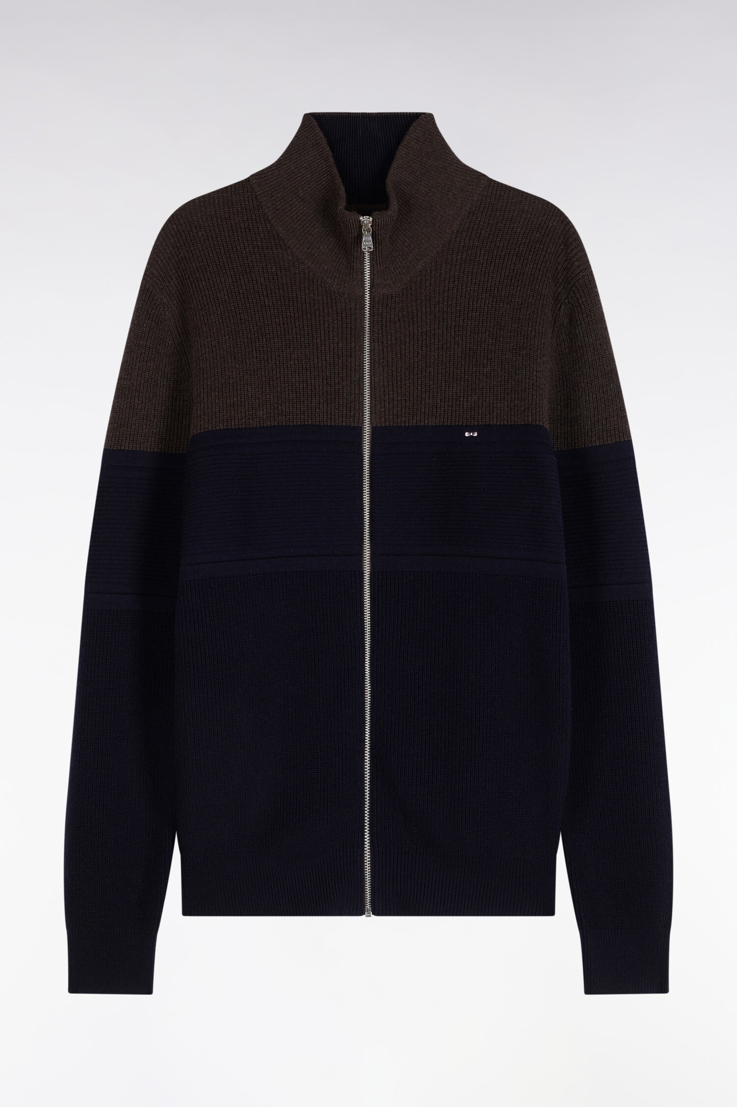 Cardigan zippé bicolore en laine mérinos marine et marron coupe droite