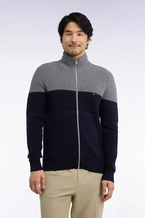 Cardigan zippé bicolore en laine mérinos marine et gris coupe droite - Image 3