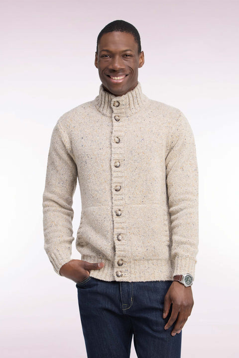 Cardigan boutonné en maille épaisse chinée écru coupe droite - Image 3