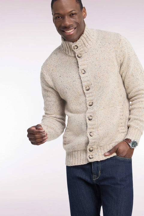 Cardigan boutonné en maille épaisse chinée écru coupe droite - Image 1