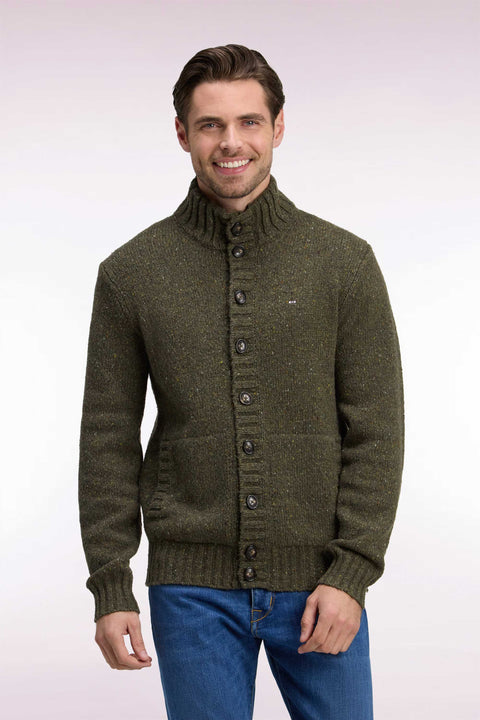 Cardigan boutonné en maille épaisse chinée kaki coupe droite - Image 3