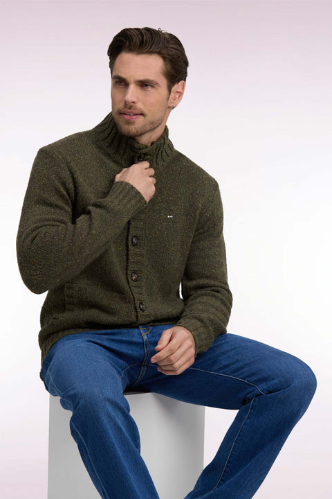 Cardigan boutonné en maille épaisse chinée kaki coupe droite - Image 1