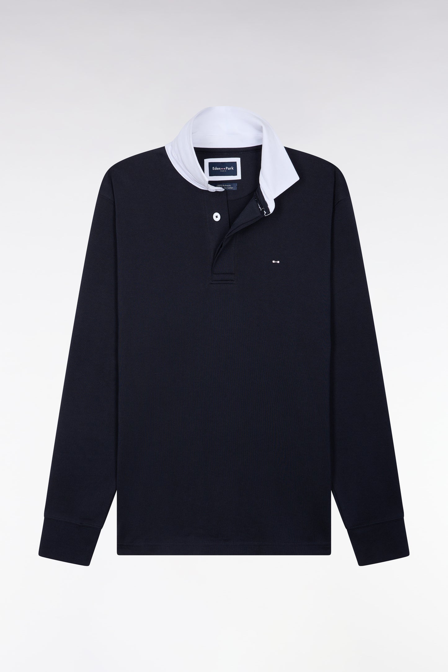 Maillot manches longues en coton Pima marine à col blanc coupe droite