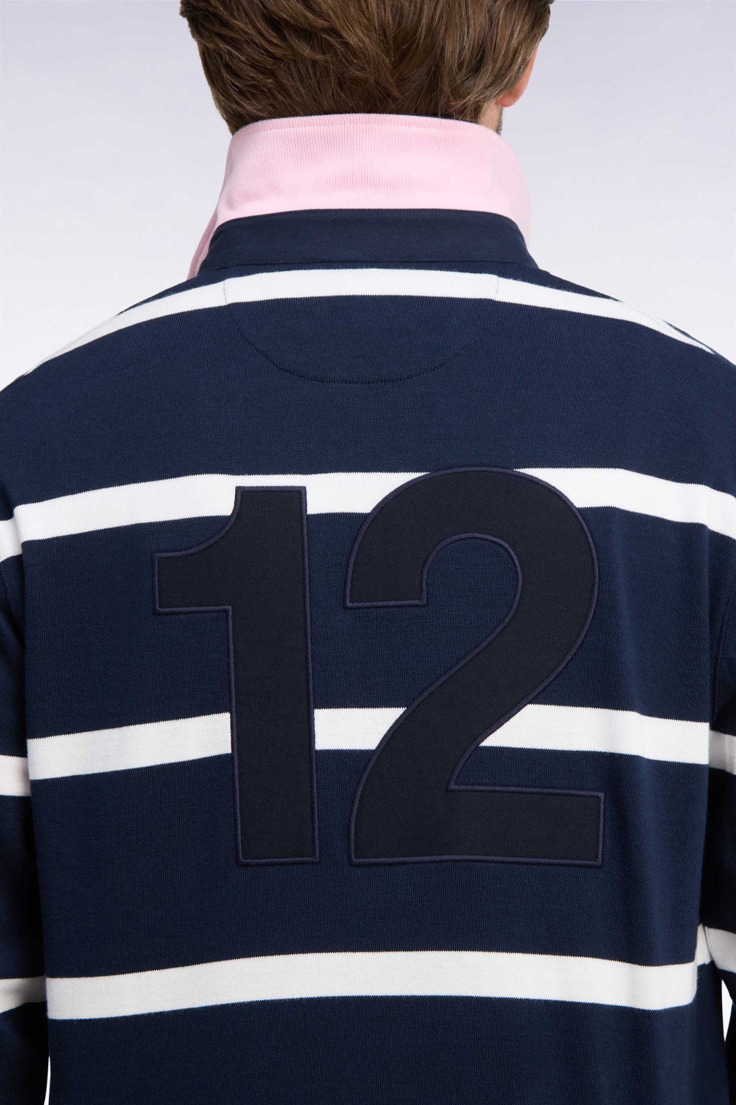 Maillot manches longues en jersey de coton marine rayé broderie dos