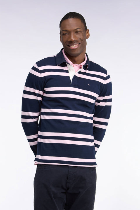 Maillot manches longues en jersey coton marine à rayures roses coupe regular - Image 3