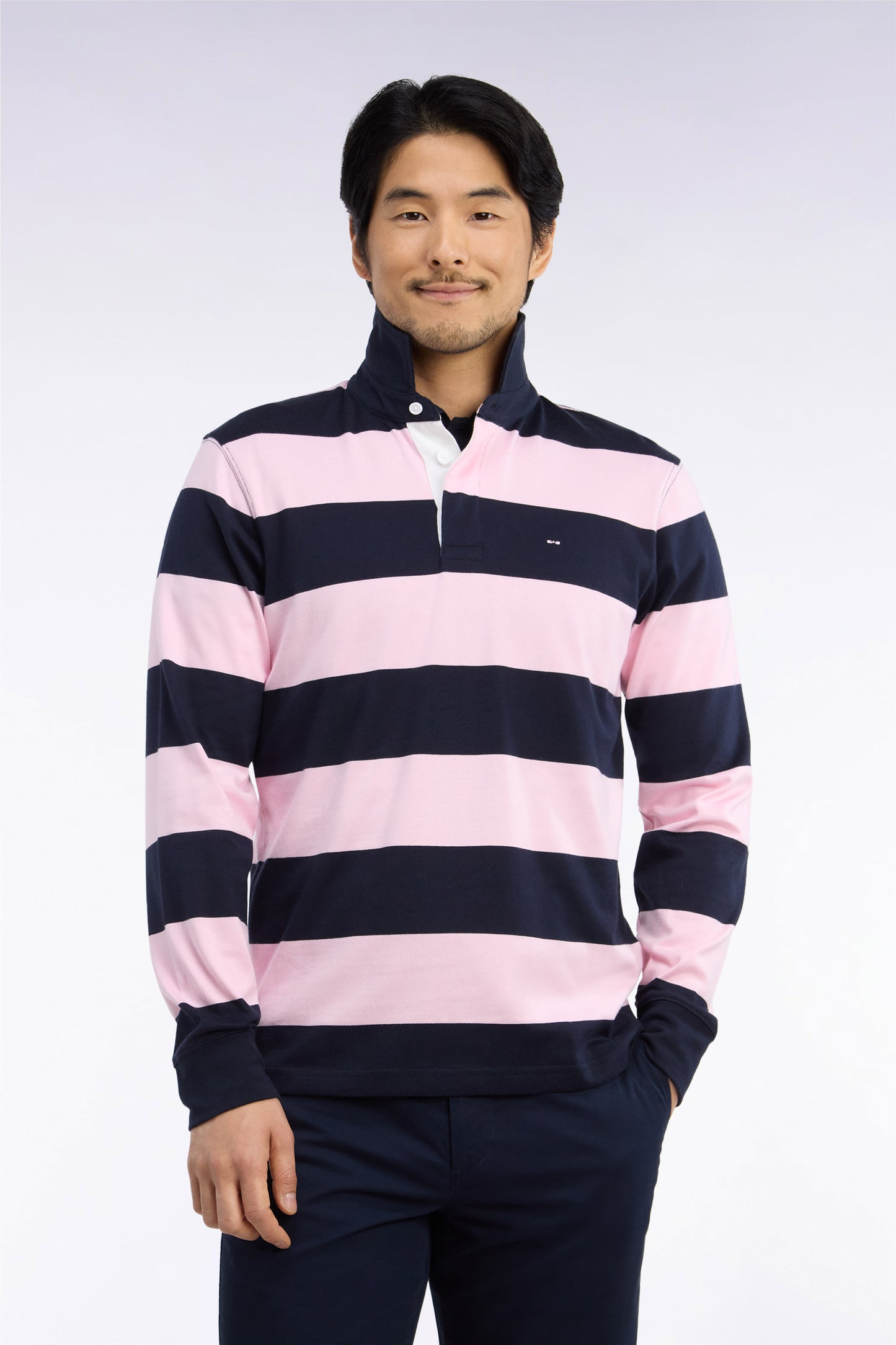 Maillot manches longues en coton rayé rose et marine coupe droite
