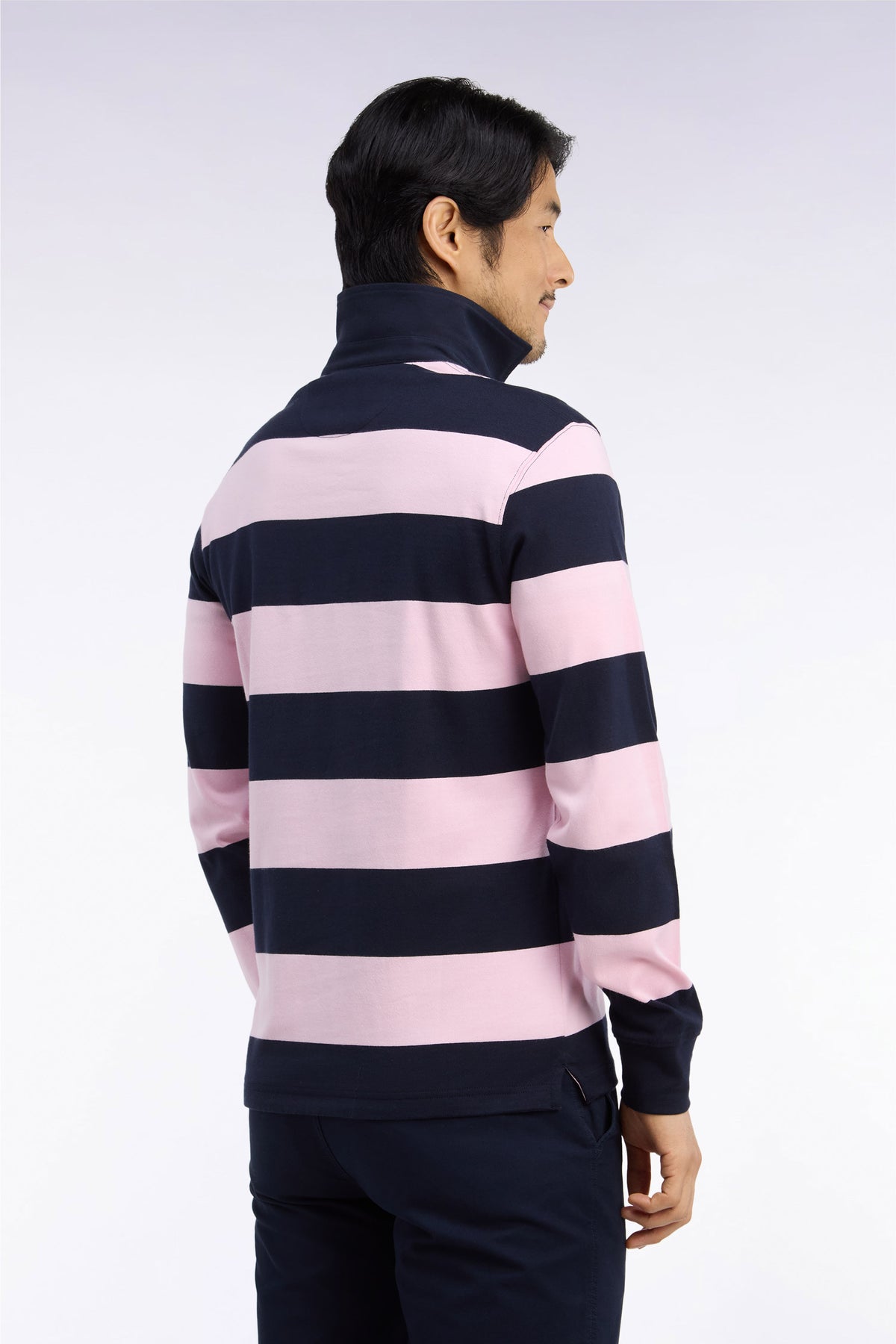 Maillot manches longues en coton rayé rose et marine coupe droite
