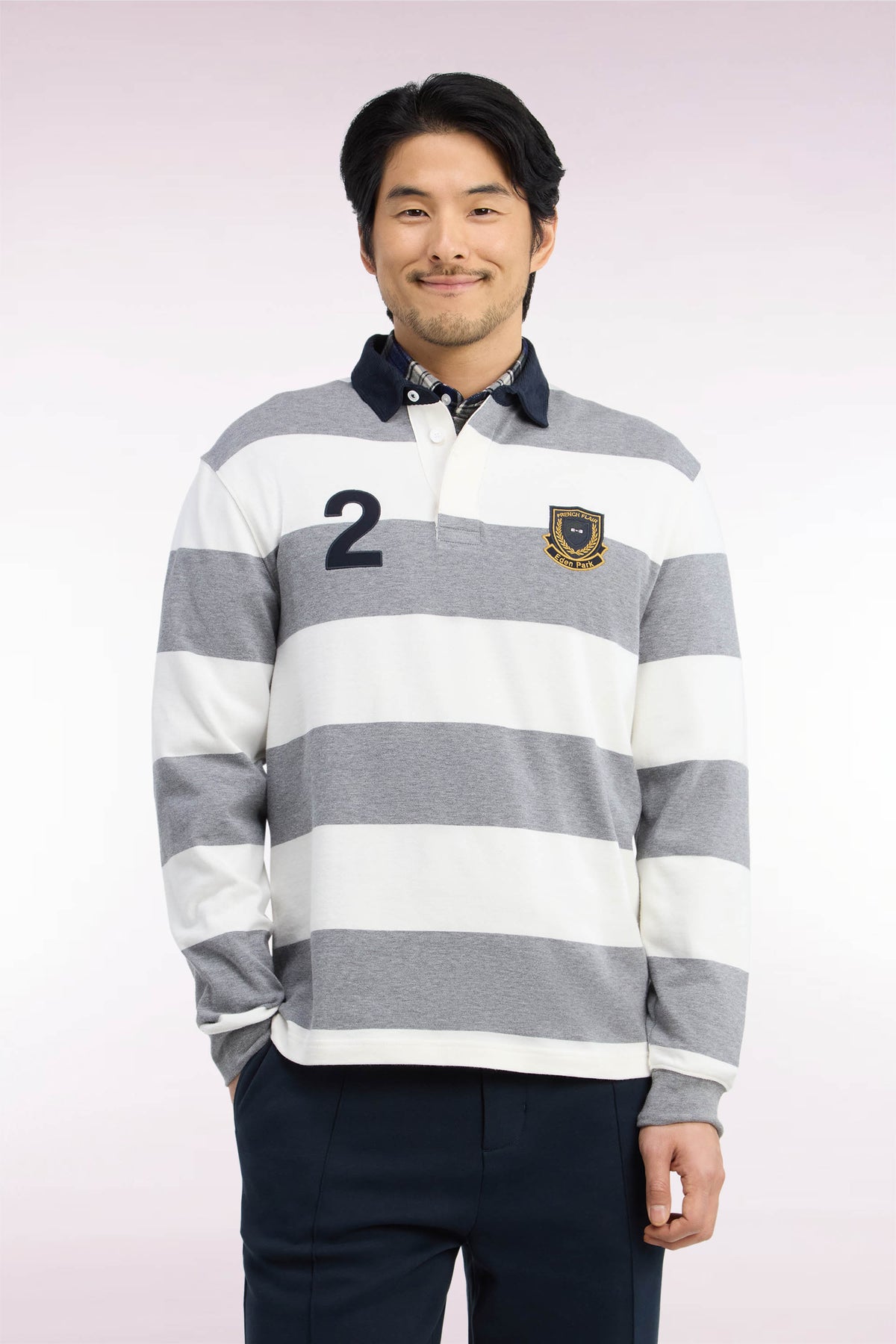 Maillot manches longues rayé gris et blanc broderie 2