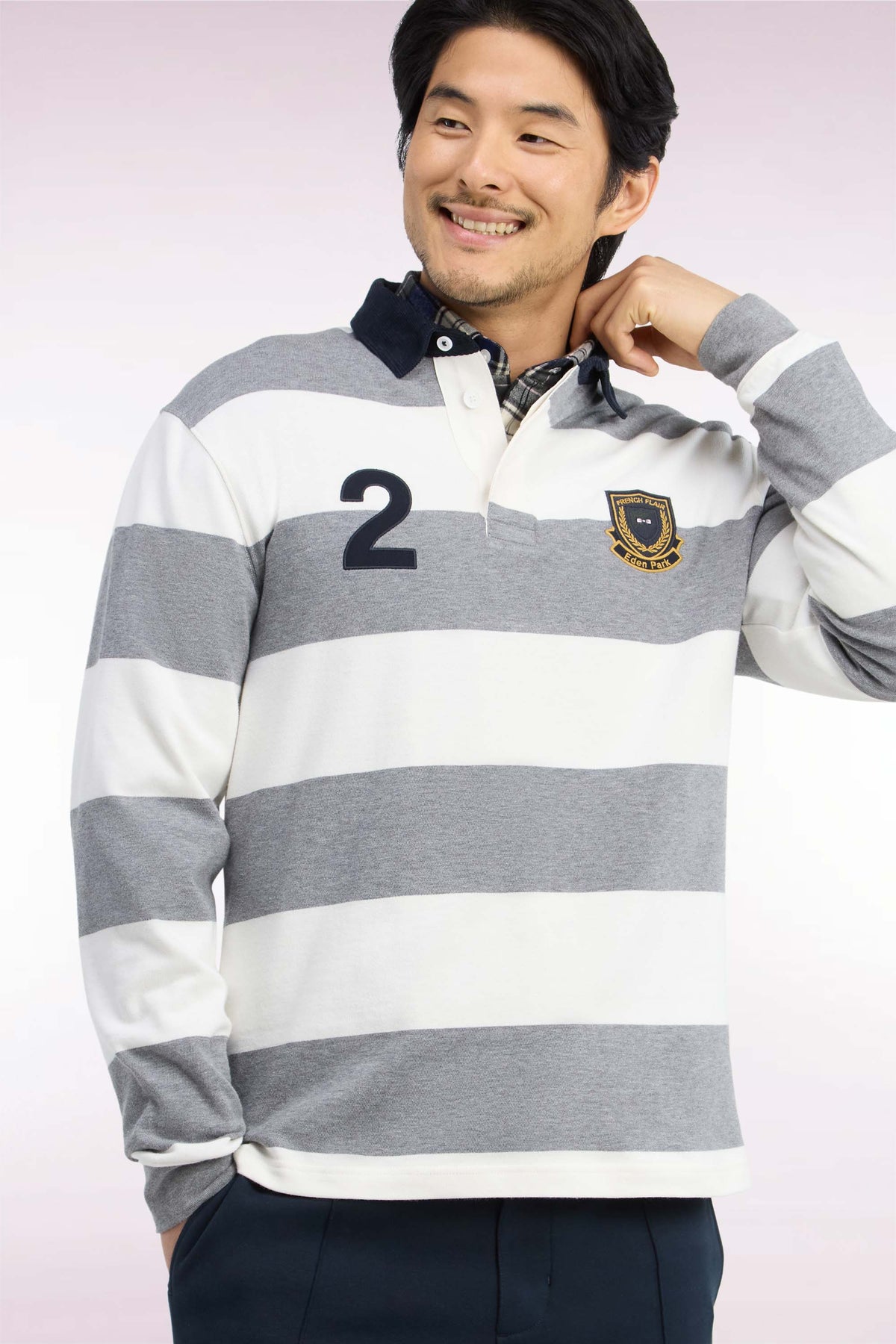 Maillot manches longues rayé gris et blanc broderie 2