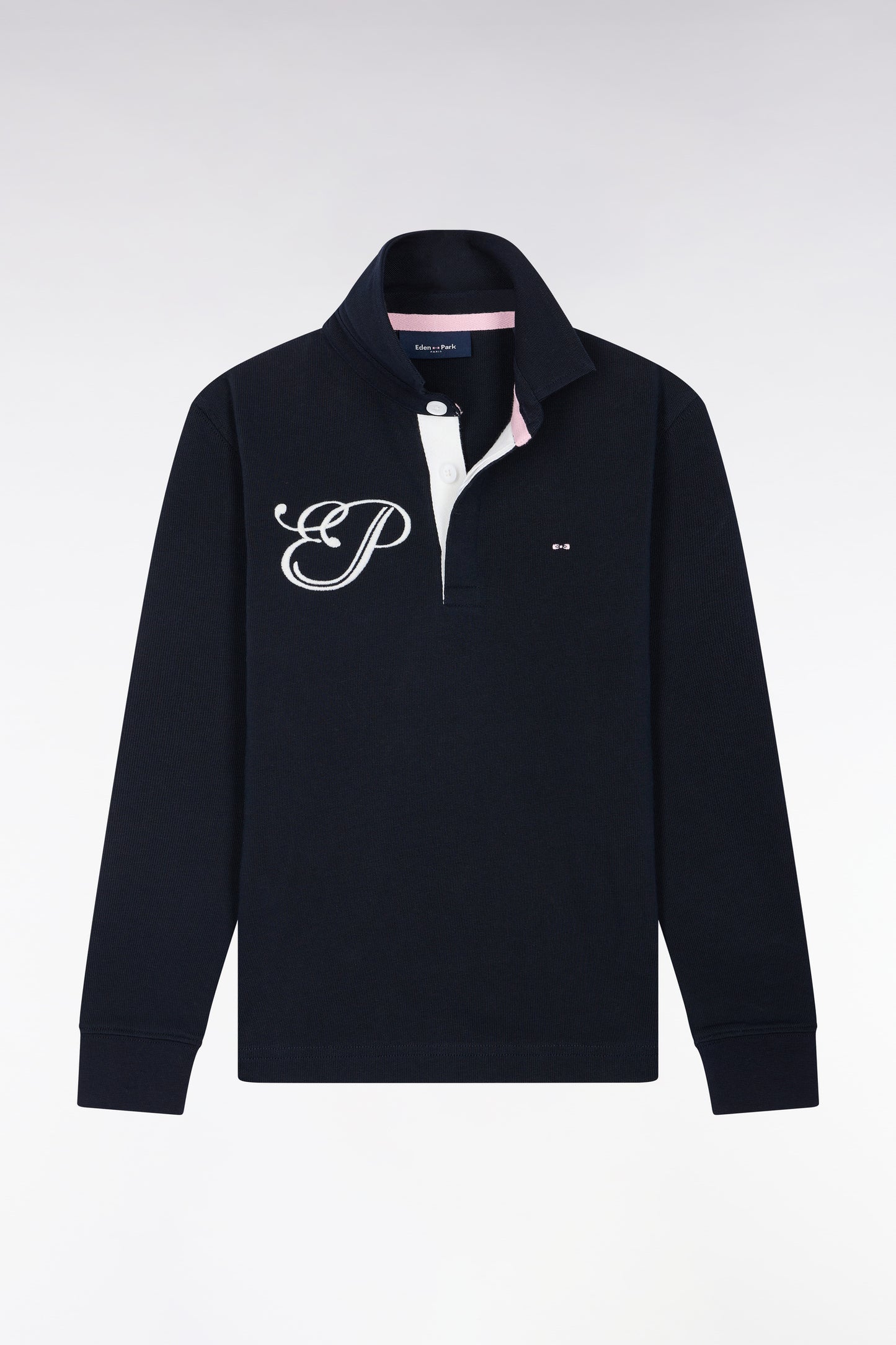 Maillot manches longues en coton marine brodé coupe droite