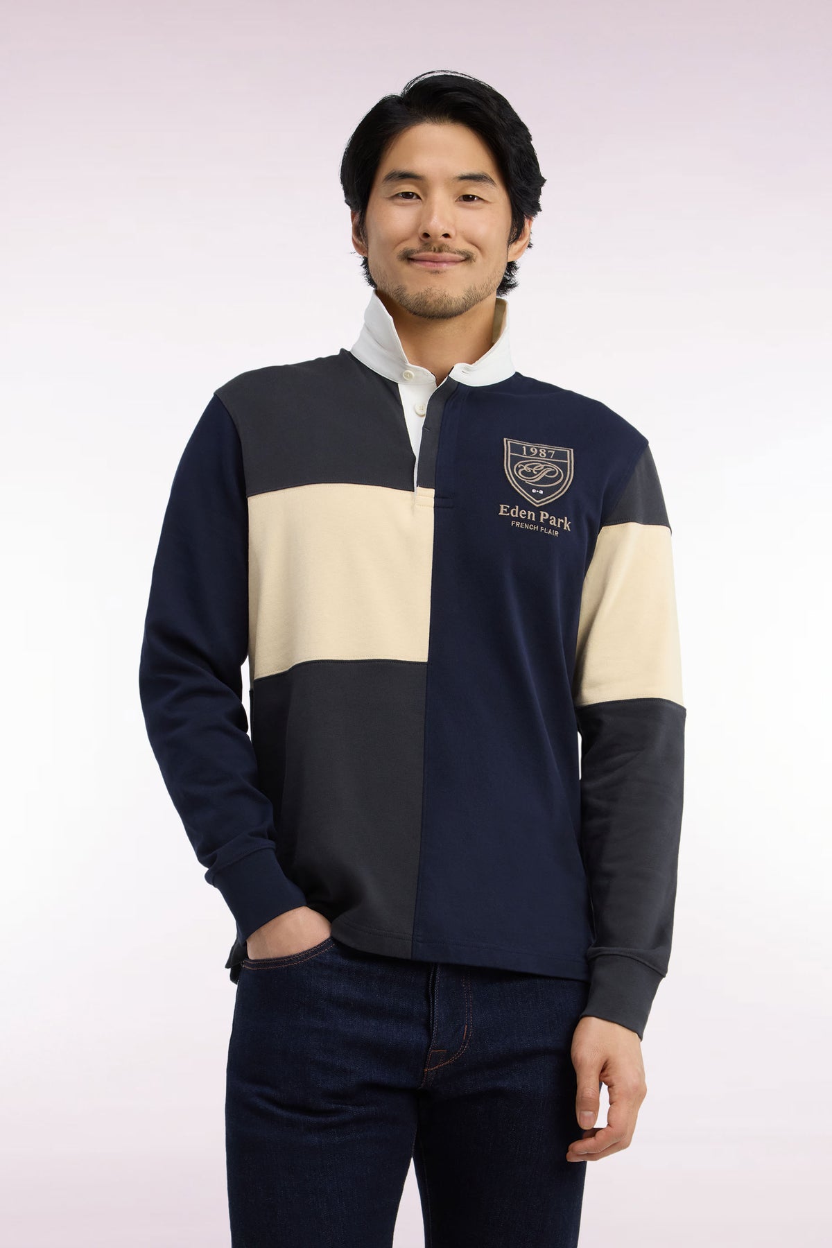 Maillot manches longues en jersey de coton peigné tricolore gris coupe droite