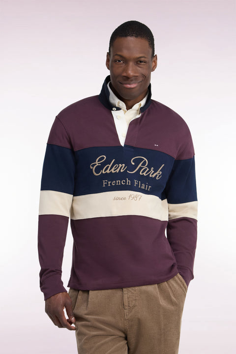 Long-sleeved cut-and-sew jersey in burgundy tricolor cotton with Héritage embroidery - Image 3