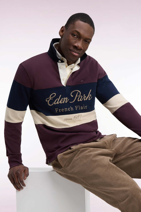 Long-sleeved cut-and-sew jersey in burgundy tricolor cotton with Héritage embroidery - Image 1