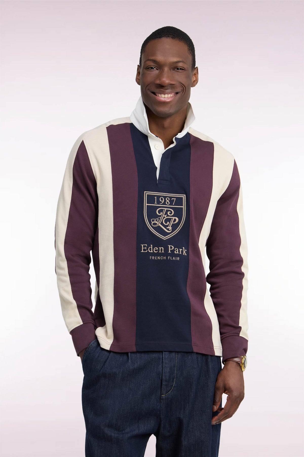 Maillot manches longues en coton rayé bordeaux coupe droite