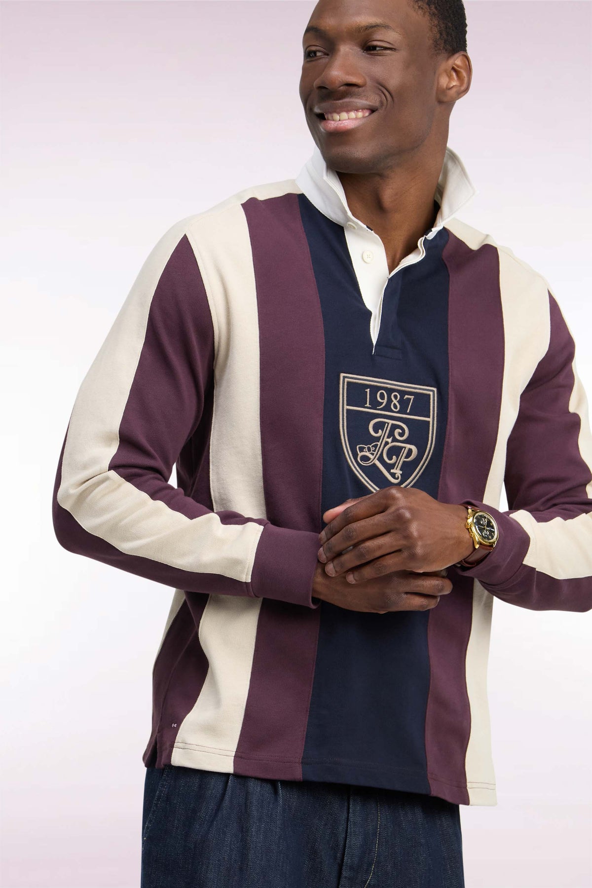 Maillot manches longues en coton rayé bordeaux coupe droite