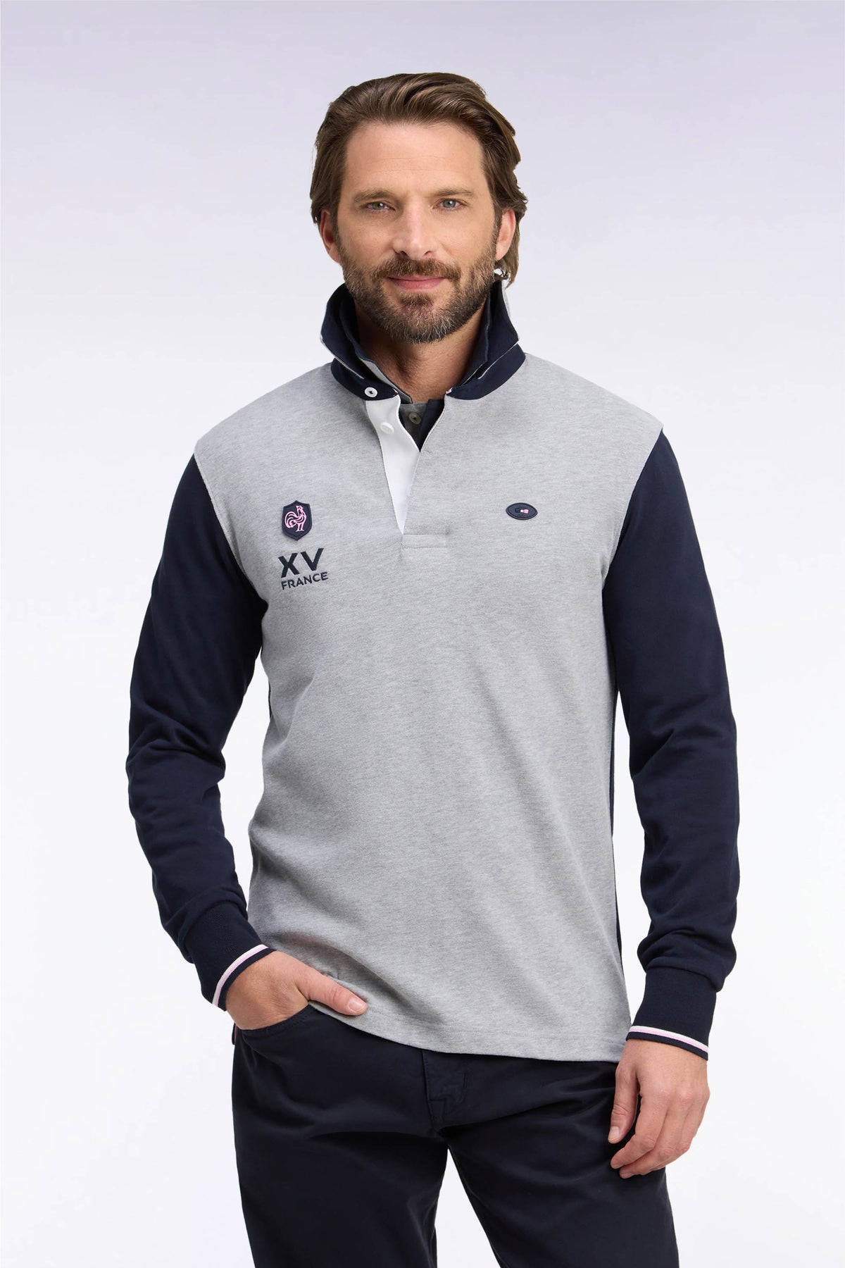 Maillot manches longues en jersey de coton marine et gris XV de France