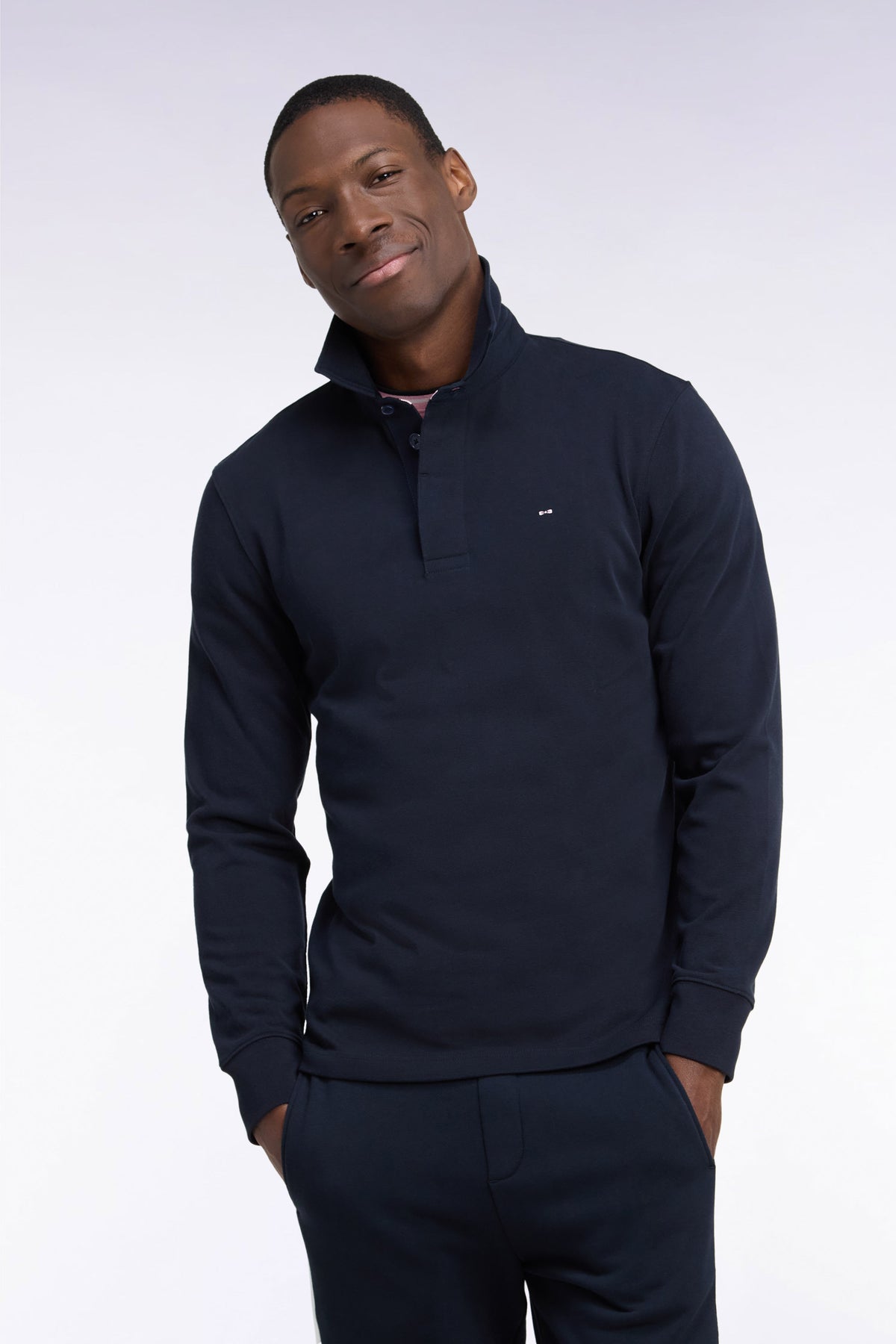 Maillot manches longues en jersey coton marine brodé