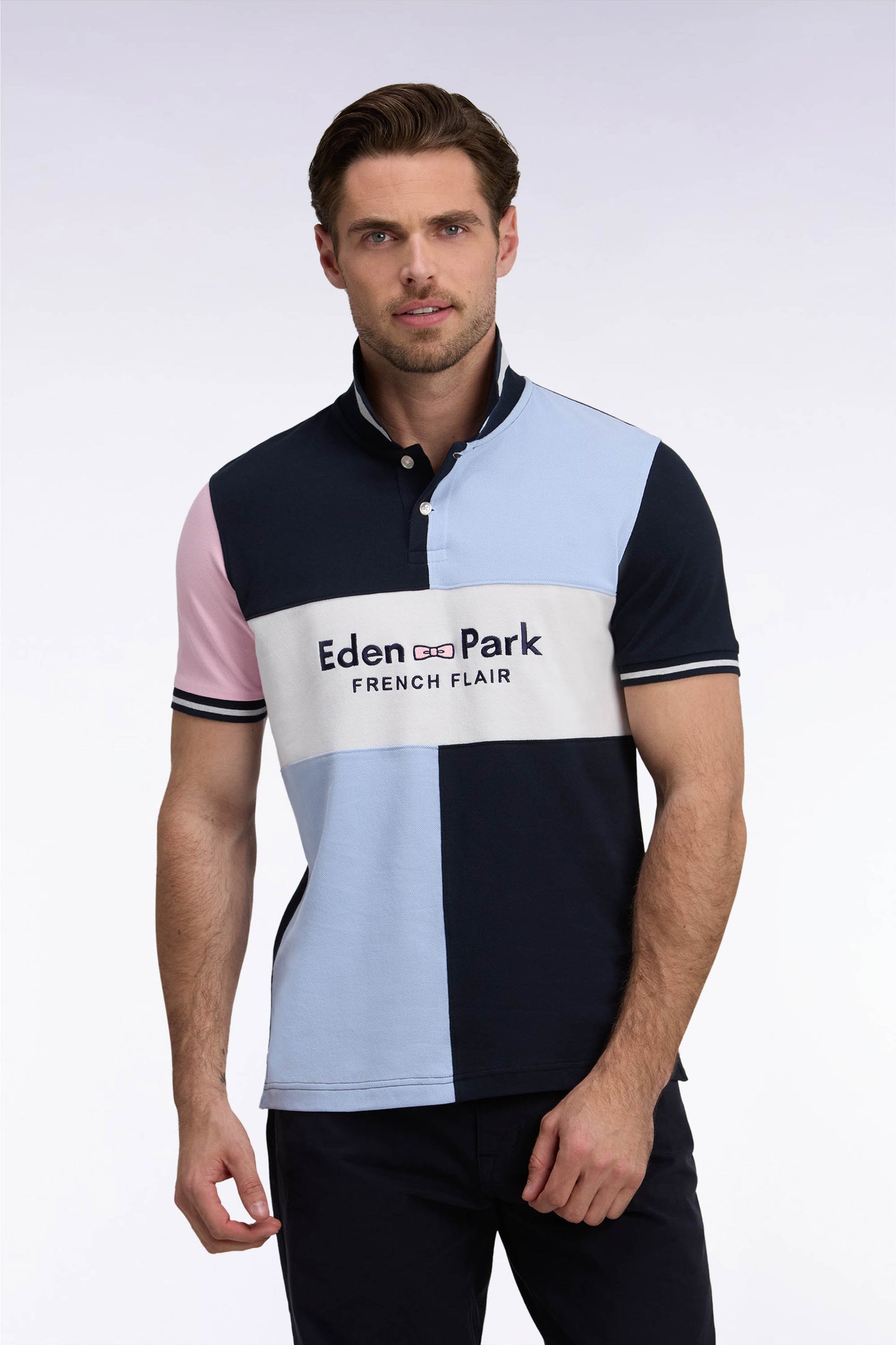 Polo manches courtes en coton marine et ciel broderie Eden Park coupe droite