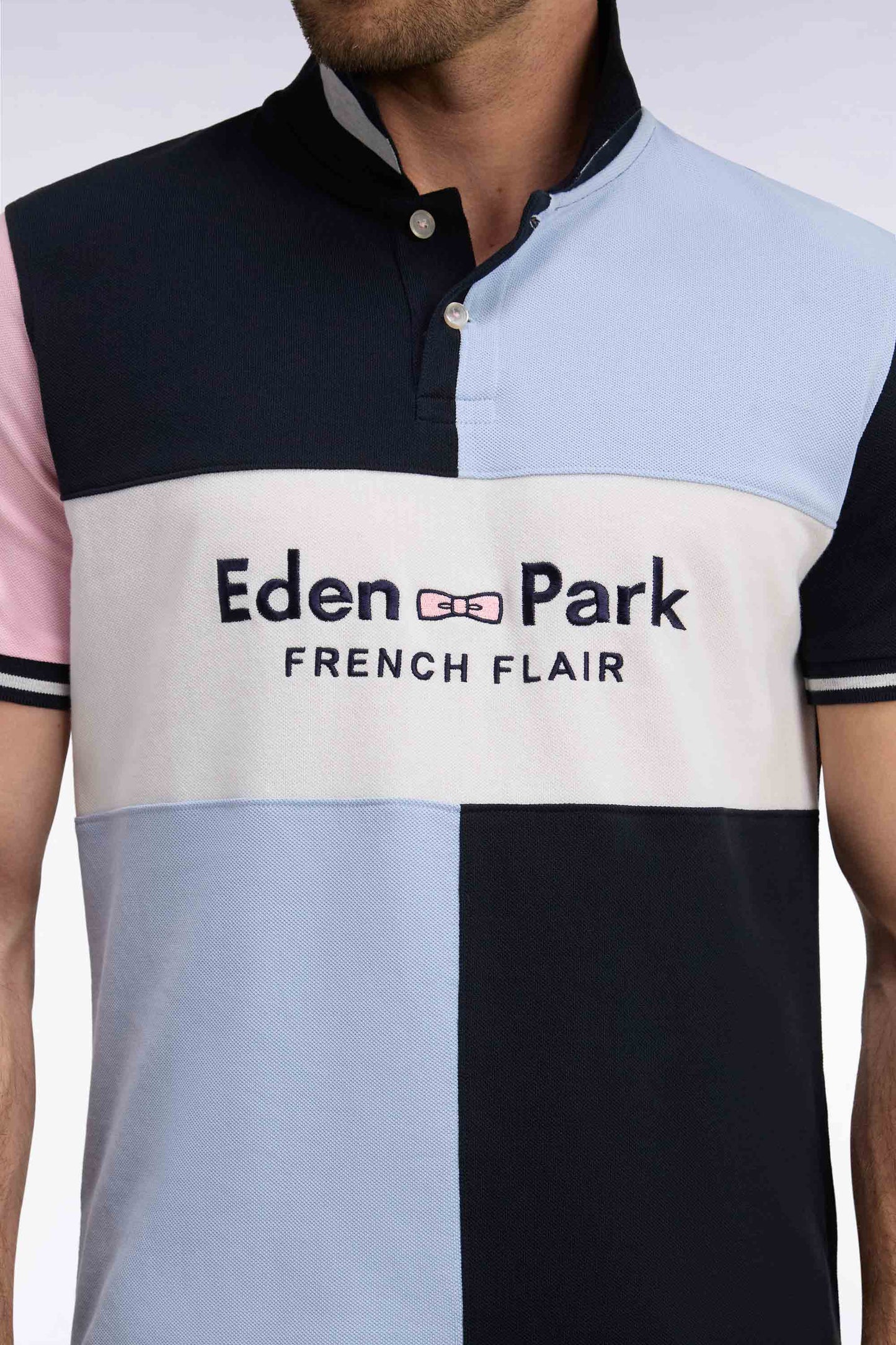Polo manches courtes en coton marine et ciel broderie Eden Park coupe droite