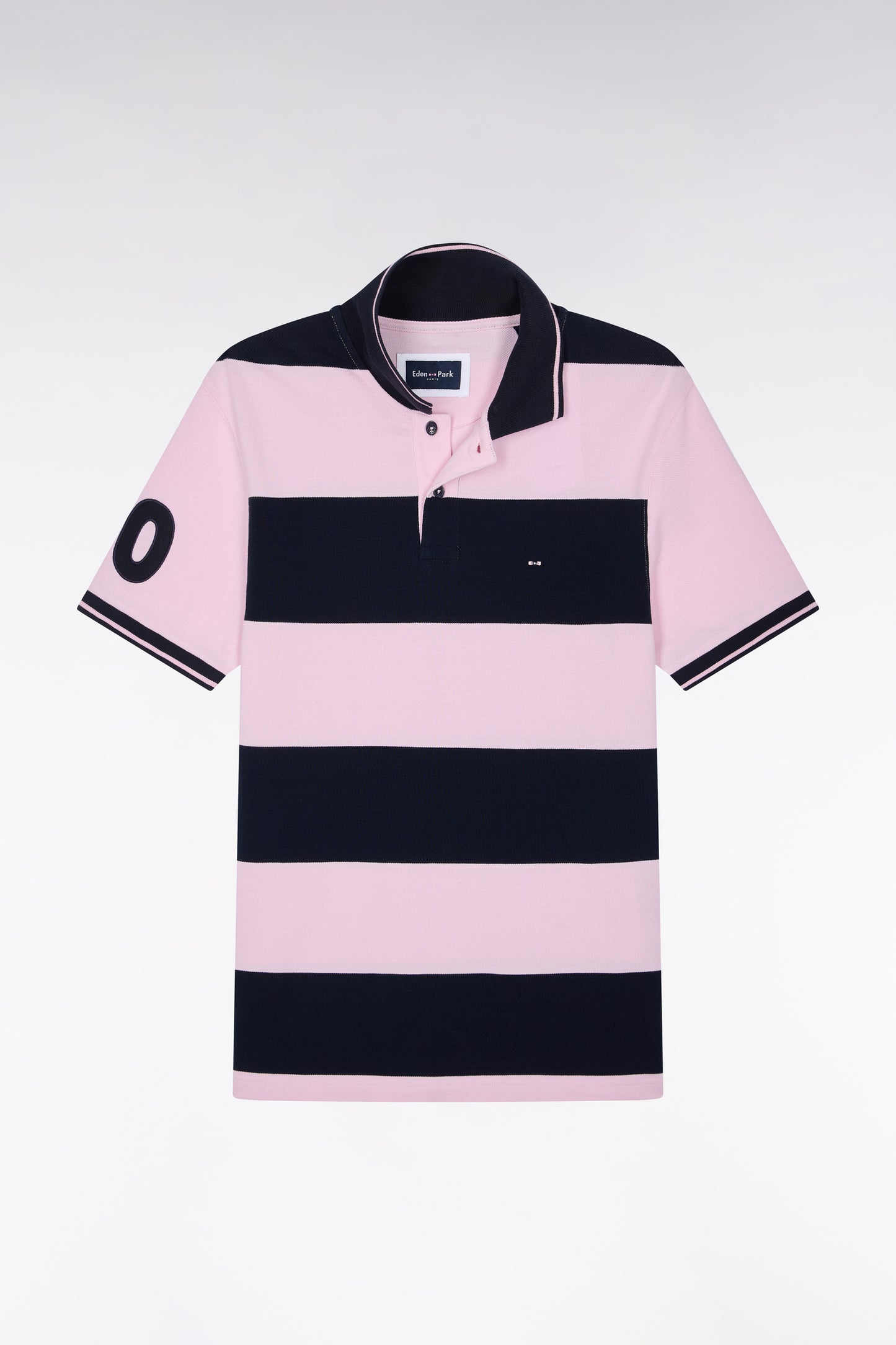 Polo manches courtes à rayures rugby roses et marine coupe droite