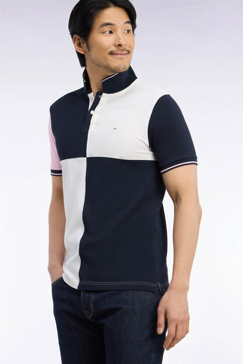 Polo manches courtes en piqué de coton tricolore à découpes écru coupe droite - Image 1