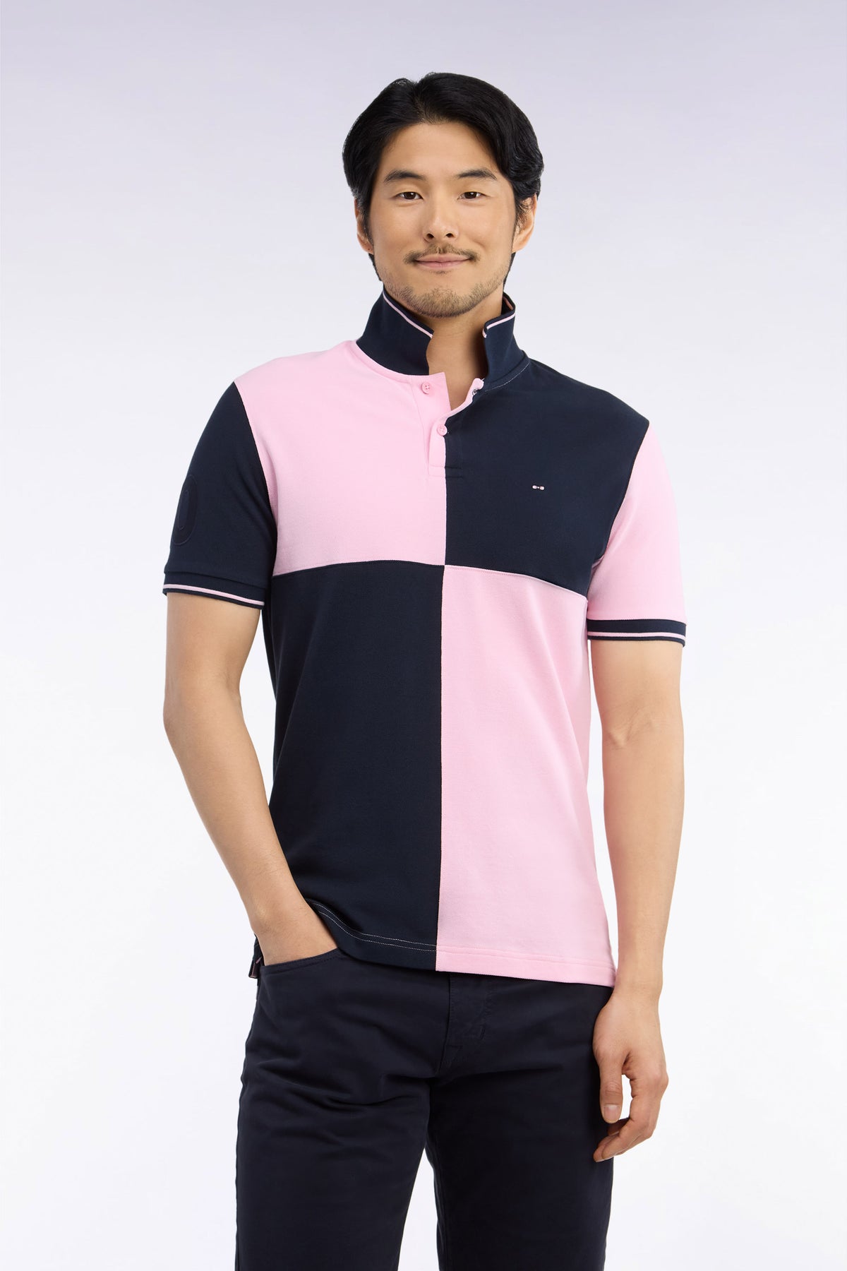 Polo manches courtes en coton marine et rose coupe droite
