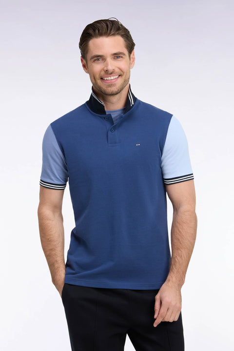 Polo manches courtes en coton tricolore bleu coupe droite - Image 3