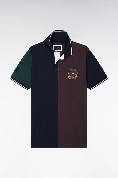 Polo manches courtes à découpes verticales en coton marron et marine coupe droite - Image 2