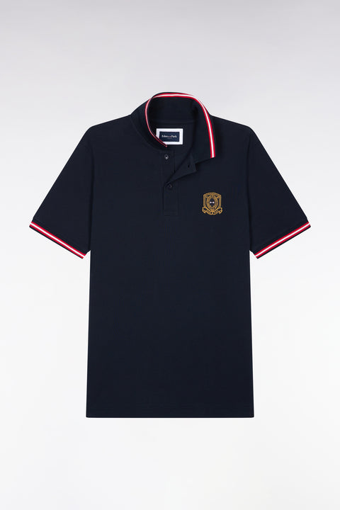 Polo manches courtes en piqué de coton peigné marine à écusson coupe droite - Image 2
