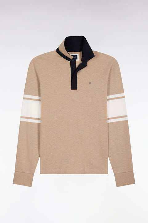 Long-sleeved polo shirt in beige cotton pique straight cut - Image 2