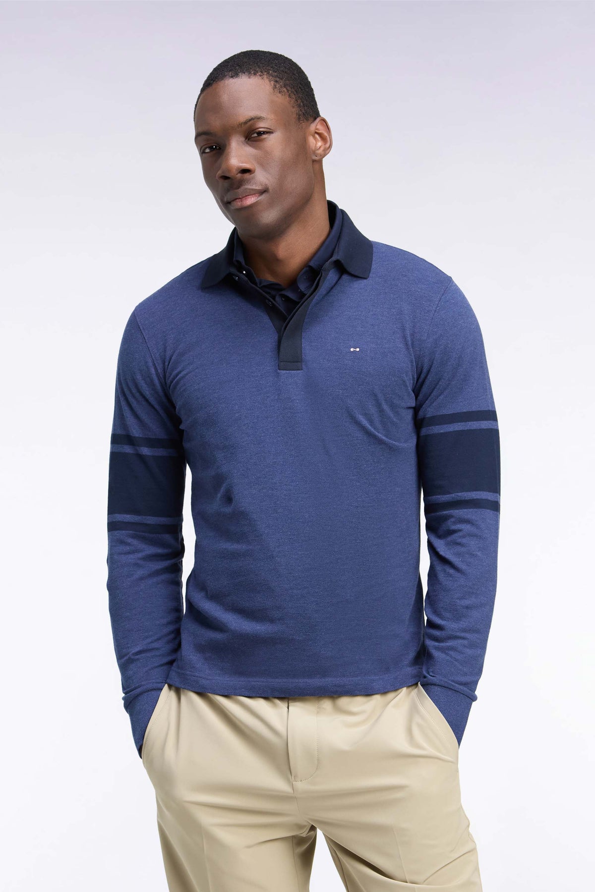 Polo à manches longues en piqué coton bleu et marine coupe droite