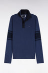 Polo à manches longues en piqué coton bleu et marine coupe droite