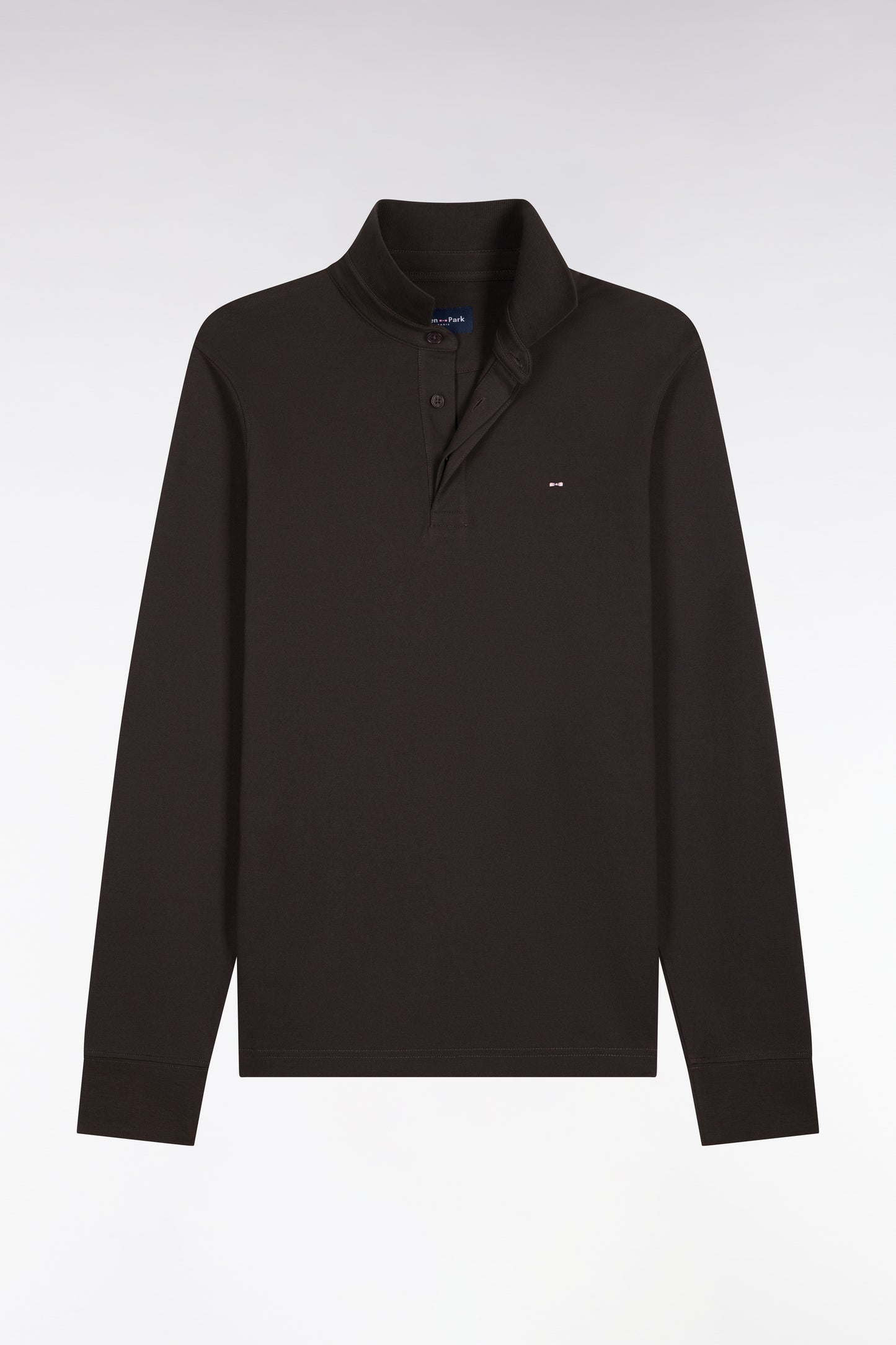 Polo manches longues en coton stretch marron coupe ajustée