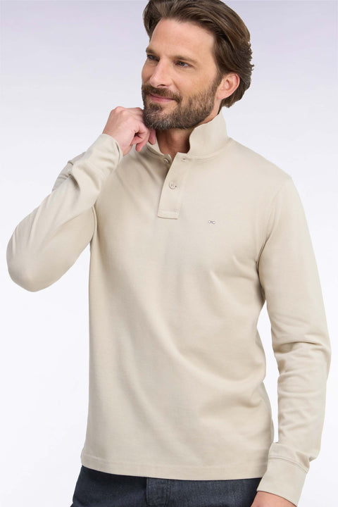 Polo manches longues en coton Pima beige coupe droite - Image 1