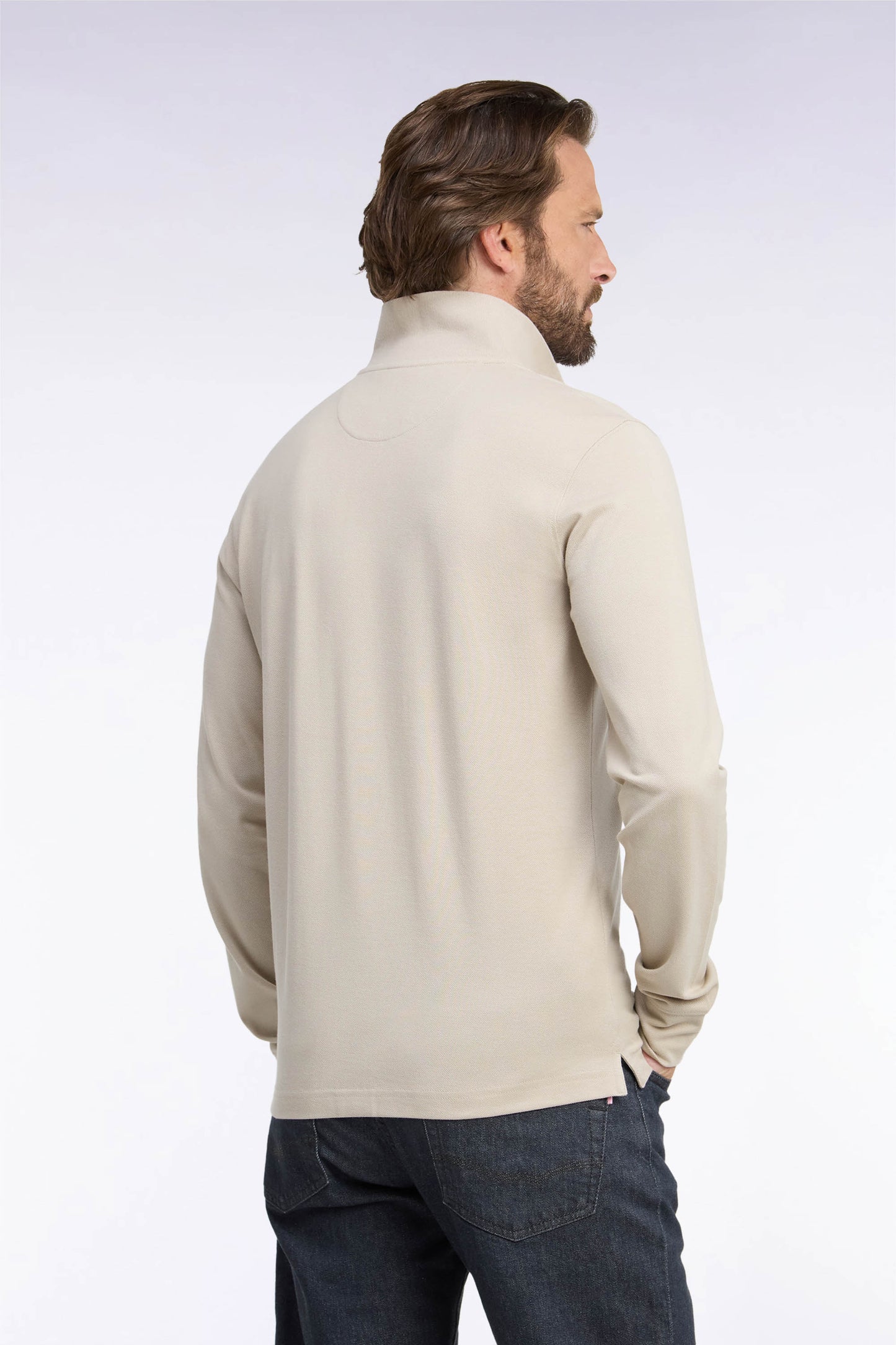 Polo manches longues en coton Pima beige coupe droite