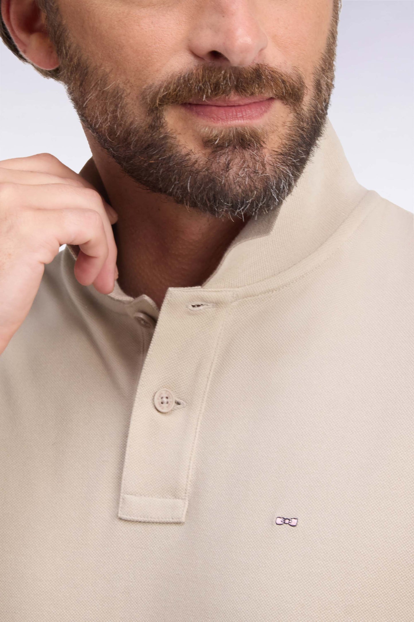 Polo manches longues en coton Pima beige coupe droite