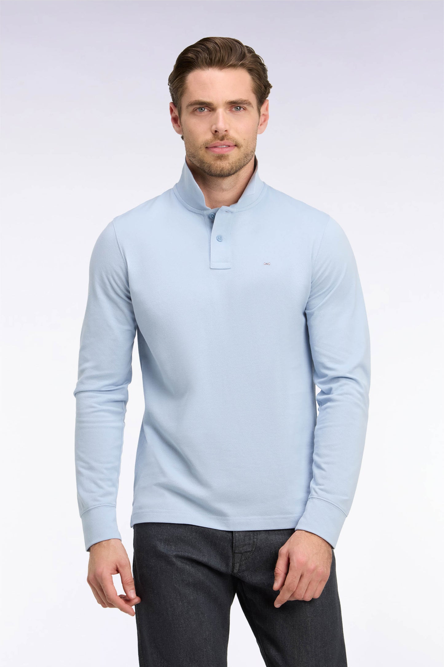 Polo manches longues en coton Pima bleu ciel coupe droite