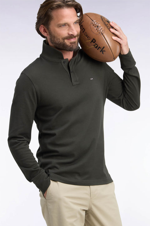 Long-sleeved straight-cut khaki Pima cotton polo shirt - Image 1