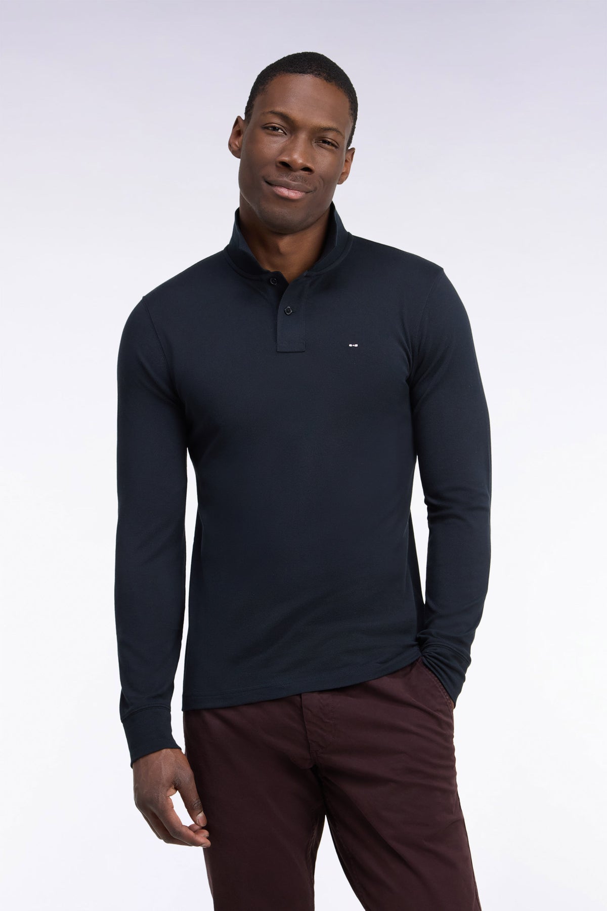 Polo manches longues en coton Pima noir coupe droite