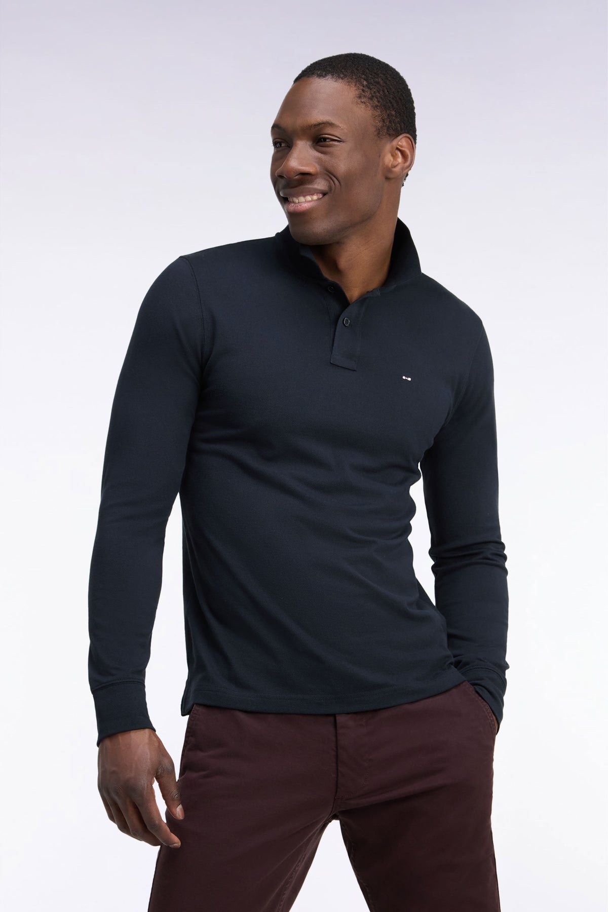 Polo manches longues en coton Pima noir coupe droite