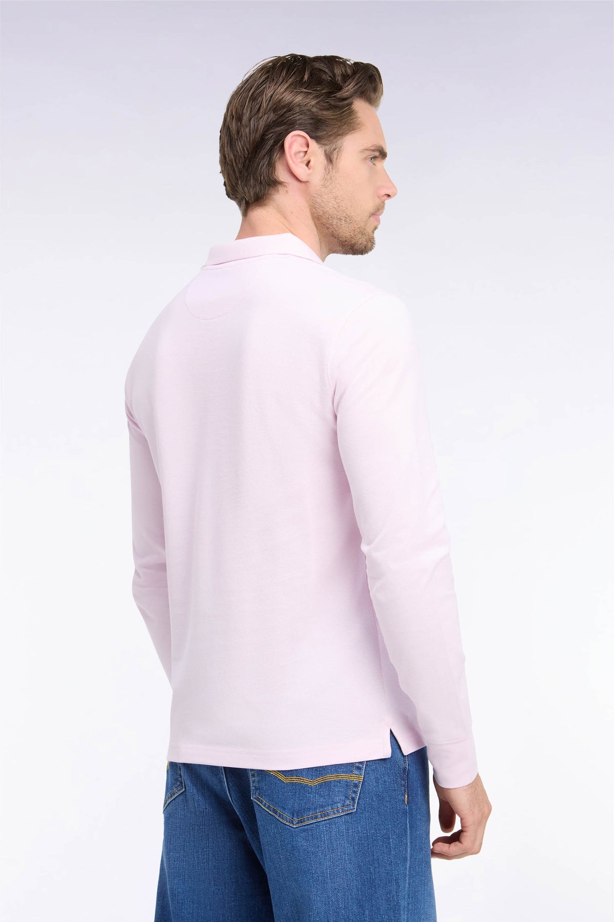 Polo manches longues en coton Pima rose coupe droite