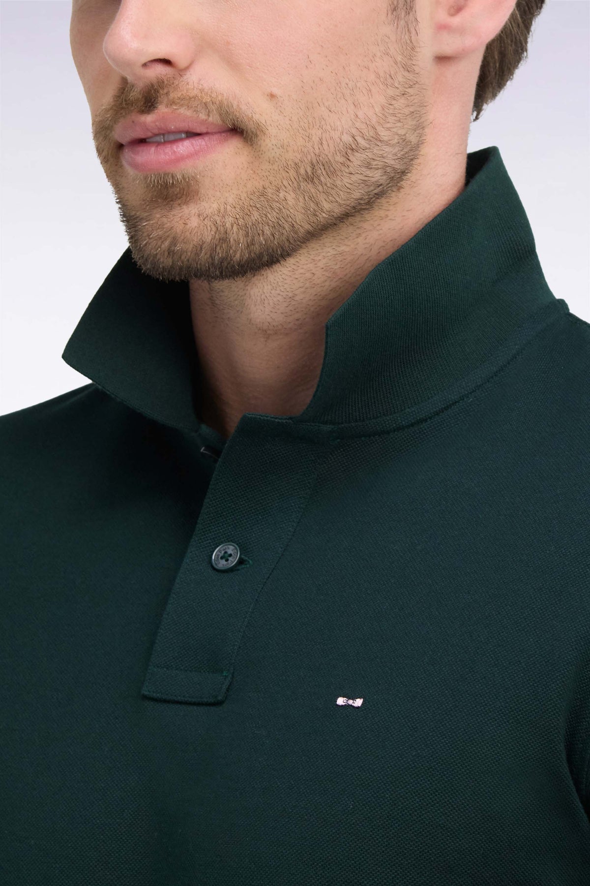 Long-sleeved polo shirt in dark green Pima cotton, straight cut