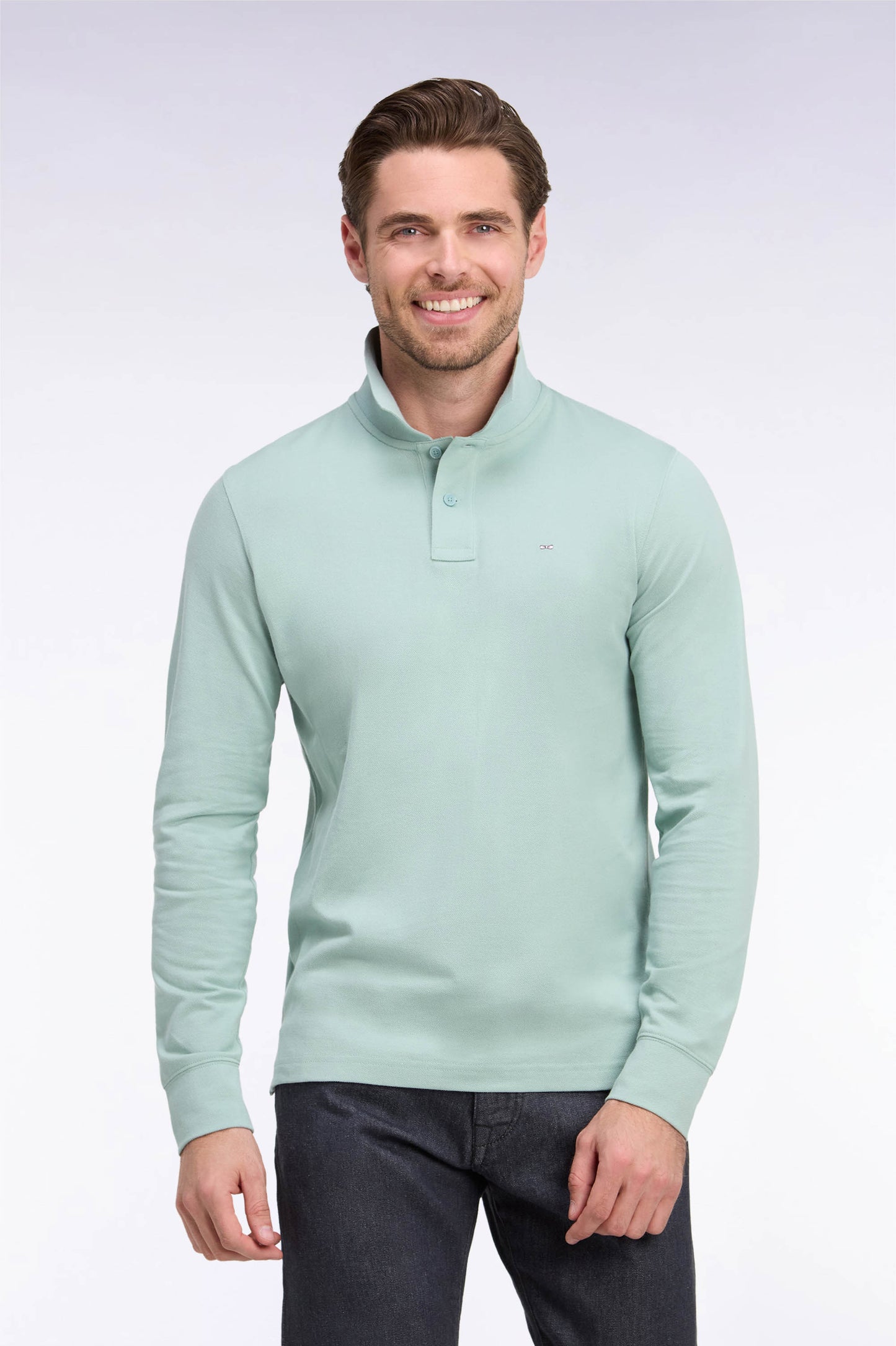 Polo manches longues en coton Pima vert coupe droite